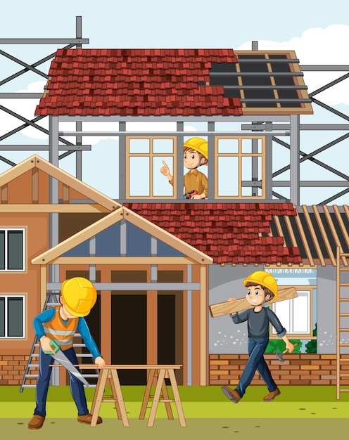 Cartoon scene of building house construction site