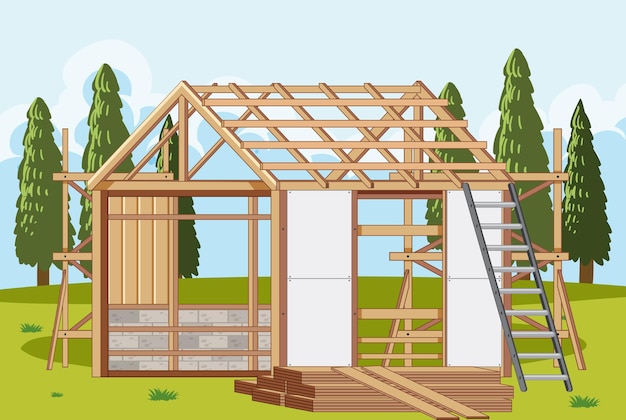 Vector cartoon scene of building house construction site