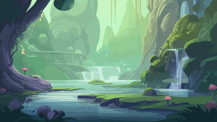 Vector 背景有河流和布的卡通场景平坦的插图