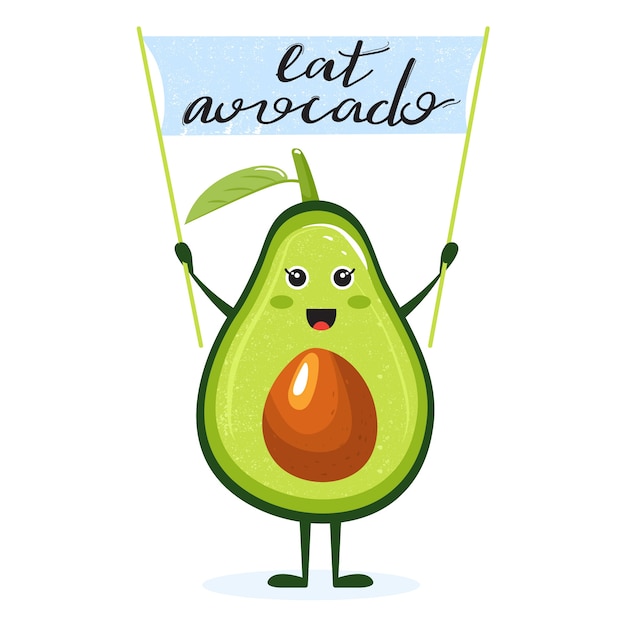 Cartoon schattig avocado karakter met vlag en belettering.