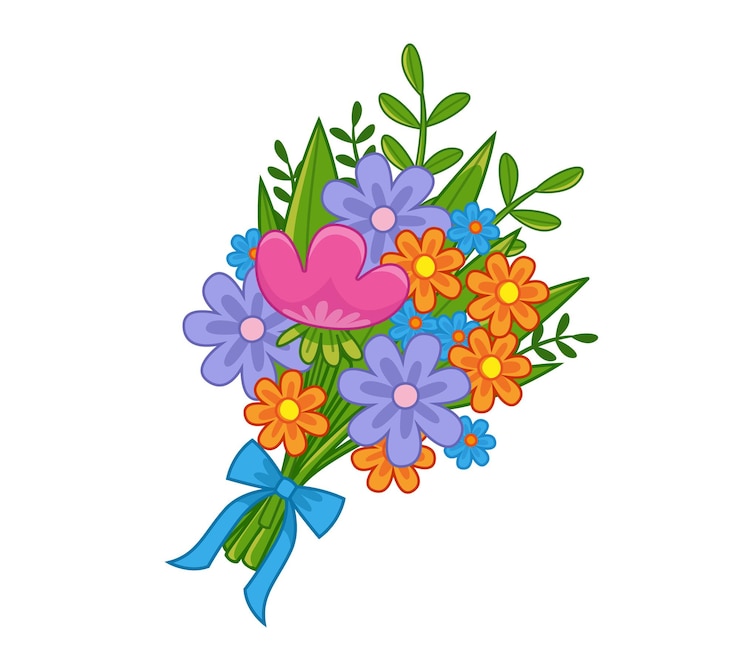 Vector cartoon schattig boeket van roze, blauwe en oranje bloemen vector illustratie in kinderachtige meisjesachtige stijl