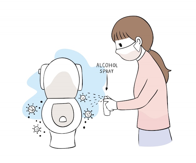 Cartoon schattig Coronavirus, COVID-19, Vrouw en alcohol spuiten toilet opruimen