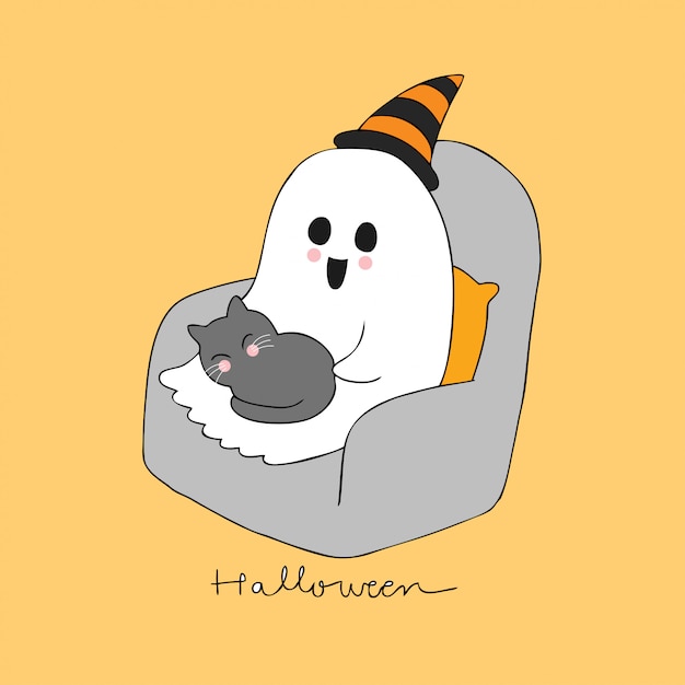 Cartoon schattig halloween geest en slapende kat vector.