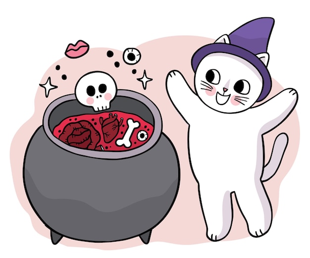 Cartoon schattig hand tekenen heks kat en positie Halloween dag vector