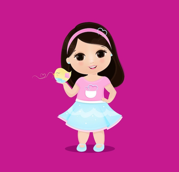 Cartoon schattig meisje illustratie met vogel Premium Vector