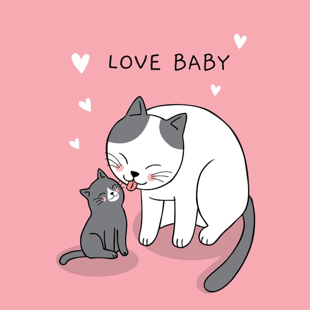 Cartoon schattig moeder en baby kat vector.