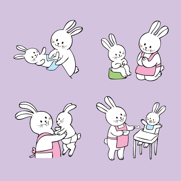 Cartoon schattige acties moeder en baby witte konijnen vector.