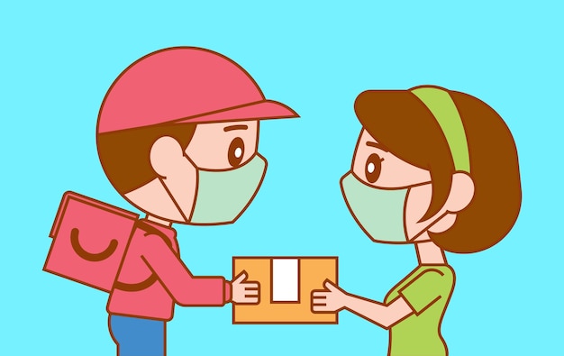 Cartoon schattige bezorger overhandigt het pakket aan vrouwelijke klant tijdens pandemie