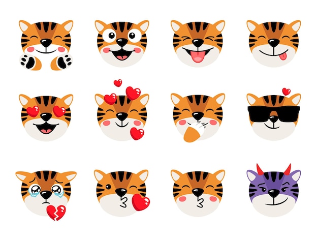 Cartoon schattige dieren hoofd met gezichtsuitdrukkingen Tijger iconen set emoticons geïsoleerde vector illustratie op wit Tijgers hoofden met emoticons stripfiguur