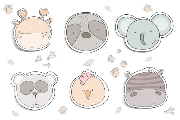 Cartoon schattige dieren voor babykaart en uitnodiging. Vector illustratie. giraf, luiaard, olifant, haan, kip, zebra, panda. schattige dierenstickers voor kinderen. Dierenkoppen instellen.