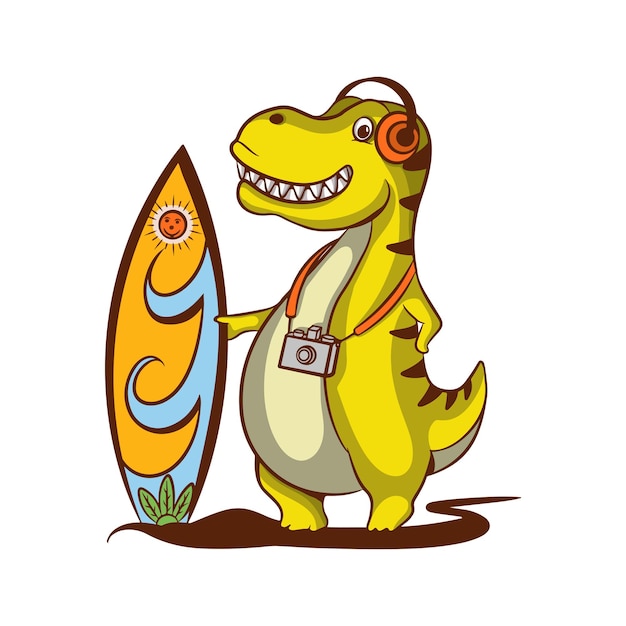 Cartoon schattige dinosaurus illustratie ontwerp dragen headset dragen camera en surfplank