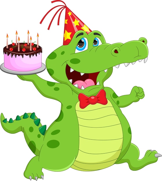 cartoon schattige gelukkige krokodil met een verjaardagstaart