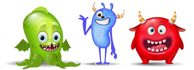 Cartoon schattige groene, blauwe en rode karakters monsters instellen