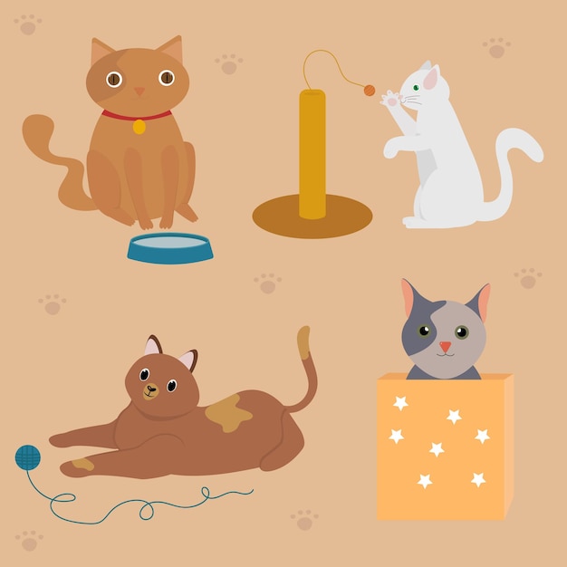 Cartoon schattige huiskatten Set van schattige katten Verschillende personages spelen met speelgoed ontspannen in dozen