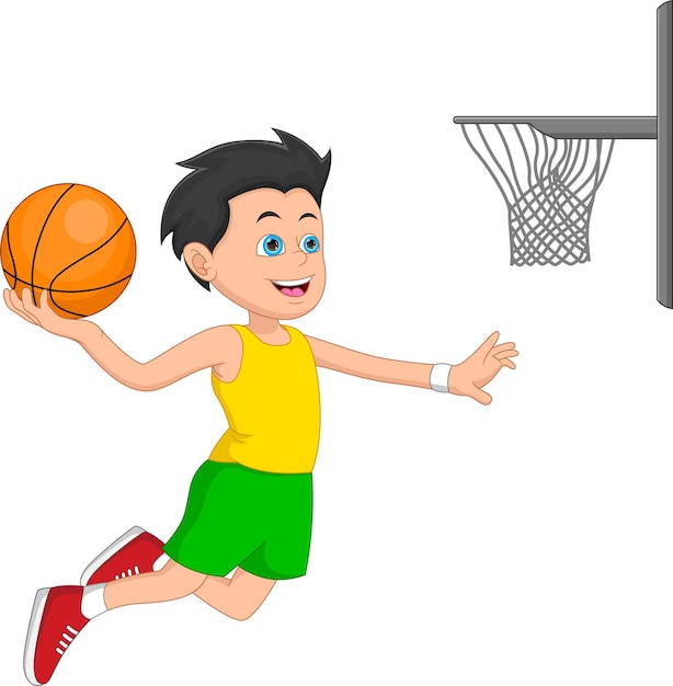 cartoon schattige jongen die basketbal speelt