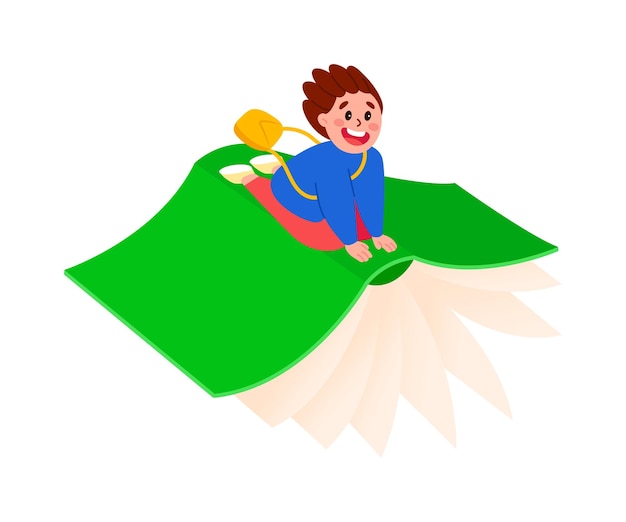 Vector cartoon schattige jongen zit op een vliegend boek in de lucht