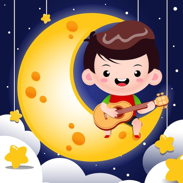 Cartoon schattige jongen zittend gitaar spelen op de maan
