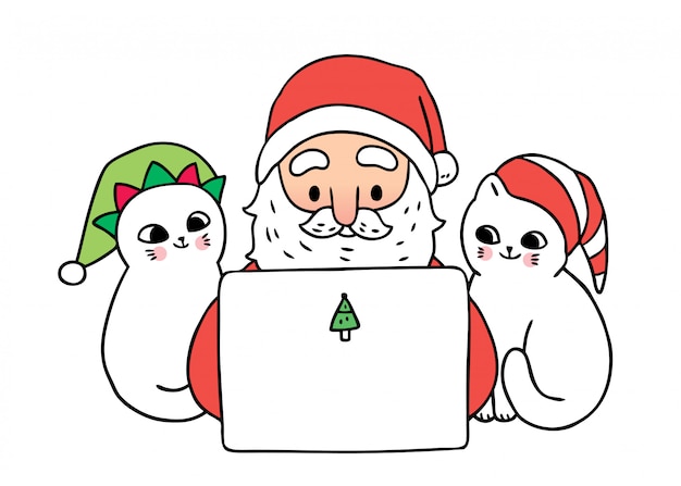 Cartoon schattige kerst Kerstman en katten die laptop spelen