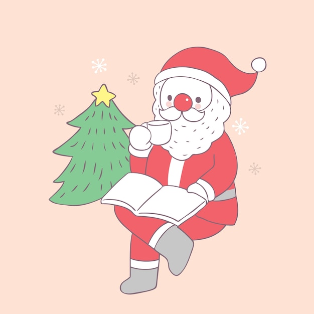 Cartoon schattige kerst Santa Claus drinken koffie vector.