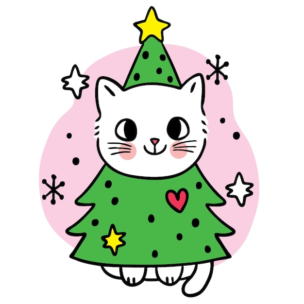 Cartoon schattige kerstmis en nieuwjaar kat en kerstboom vector