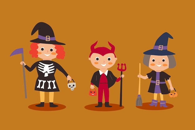 Cartoon schattige kinderen in halloween kostuum karakter