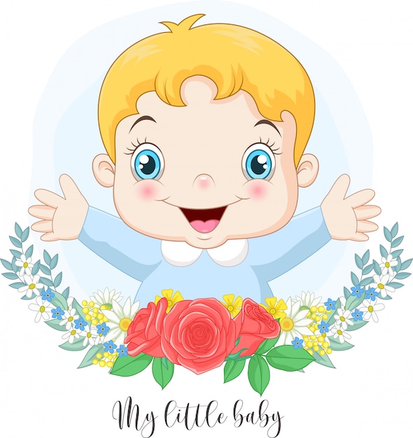 Vector cartoon schattige kleine babyjongen met bloemen achtergrond