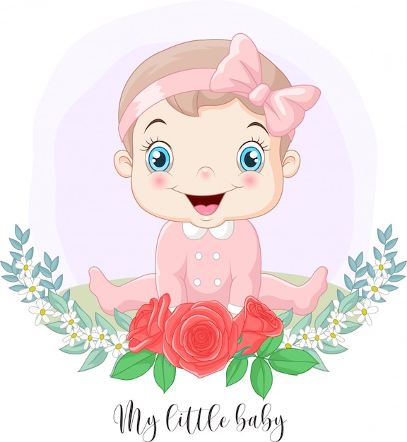 Vector cartoon schattige kleine babymeisje met bloemen achtergrond