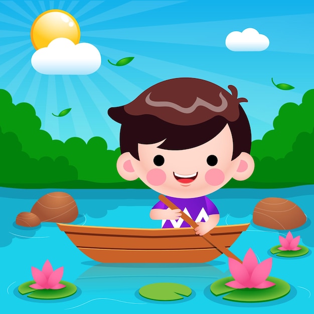 Cartoon schattige kleine jongen rijden op boot bij rivier illustratie
