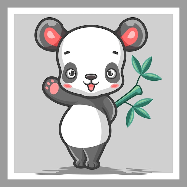 Cartoon schattige kleine panda glimlachend staande zwaaien
