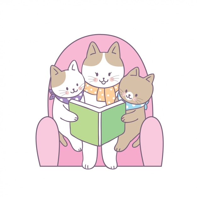 Cartoon schattige moeder kat lezen boek baby kat vector.