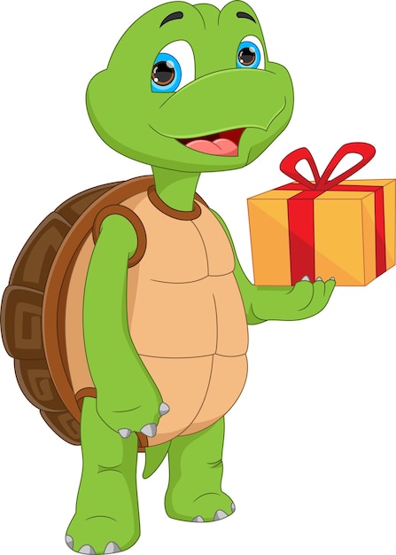 Vector cartoon schattige schildpad met geschenkdoos