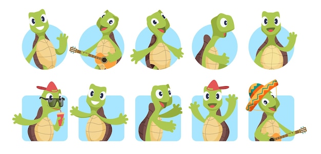 Cartoon schildpadden avatars. groeten dier, schildpad zeg hallo. leuke portfolio-afbeelding, grappige kinder vector stickers set. dierlijke schildpad, schildpad vrolijke illustratie