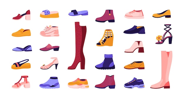 Cartoon schoeisel. elegante en casual schoenen, seizoensgebonden zomersandalen en herfstlaarzen, hardloopsneakers. vector illustratie cartoon modieuze mannelijke en vrouwelijke schoenen