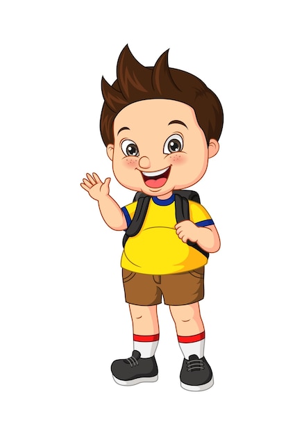 Cartoon school boy fat waving hand