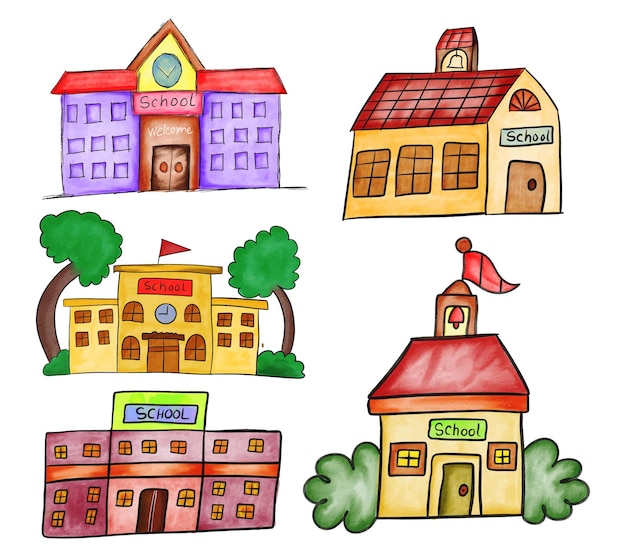 Vector cartoon school building clipart set
