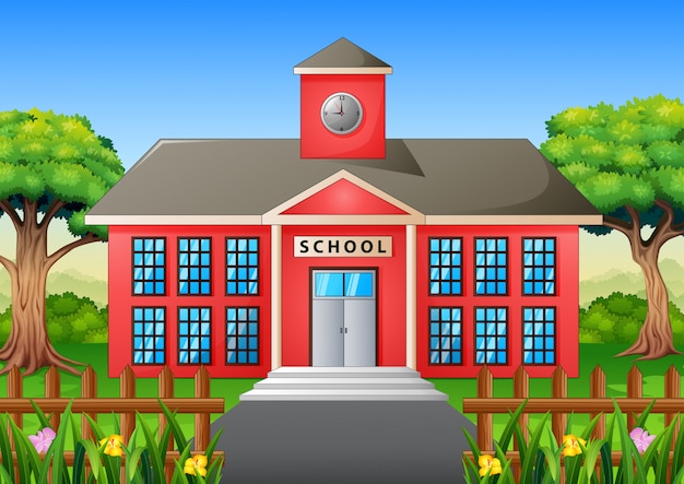 Cartoon of school building with green yard