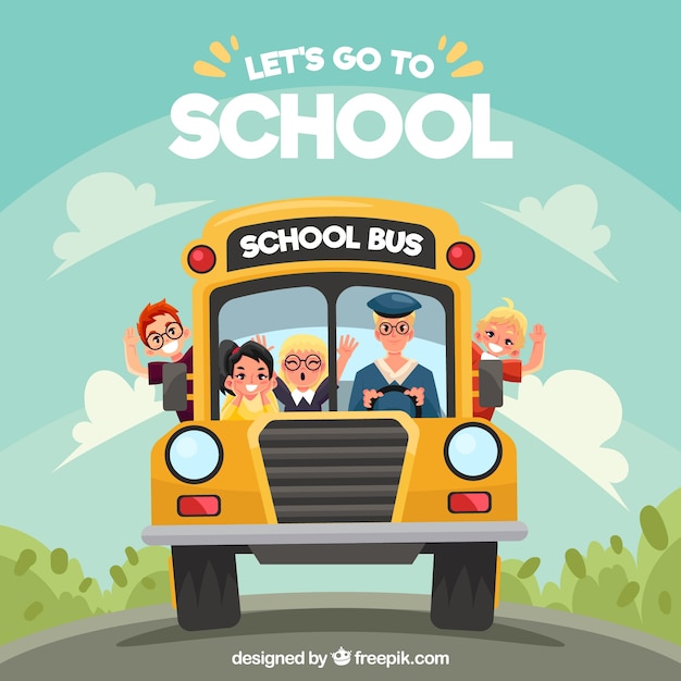 Vector cartoon school bus and children with flat design