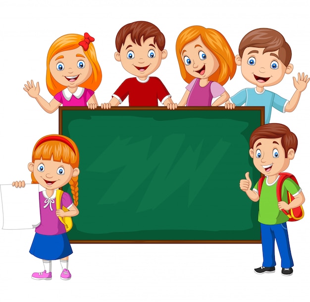 Cartoon school children with chalkboard