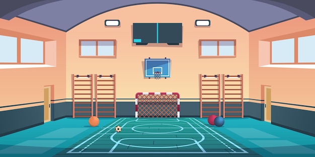 Cartoon School Court Gym With Basketball Basket And Football Goal Or Gymnastic Equipment Comfortable Playground For Playing Games And Training Vector Gymnasium Sport Hall For Workout