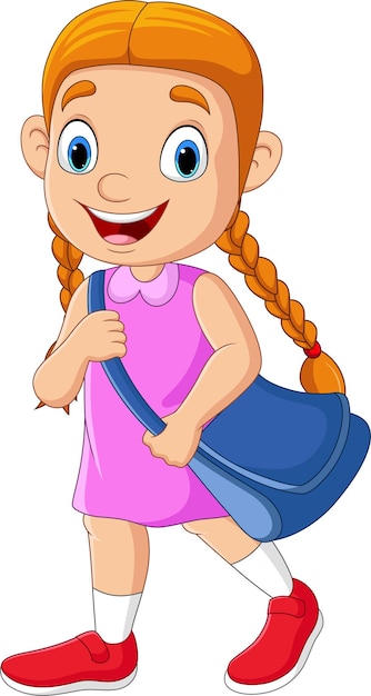 Cartoon school girl with backpack go to school