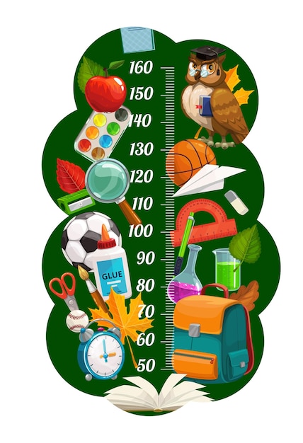 Righello grafico altezza bambini scuola cartone animato misuratore di crescita vettoriale con gufo mela vernici e lente d'ingrandimento penna temperamatite palline e colla pennello forbici sveglia libro di testo e zaino con foglie autunnali