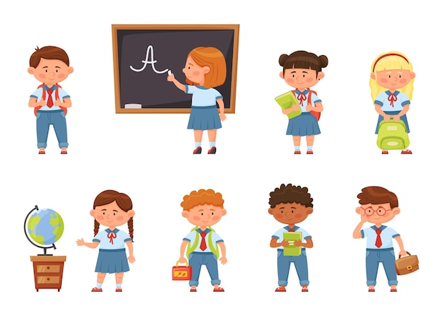 Vector cartoon school kids in uniform elementary students with backpacks vector set