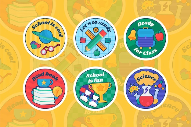 Vector cartoon school round sticker set