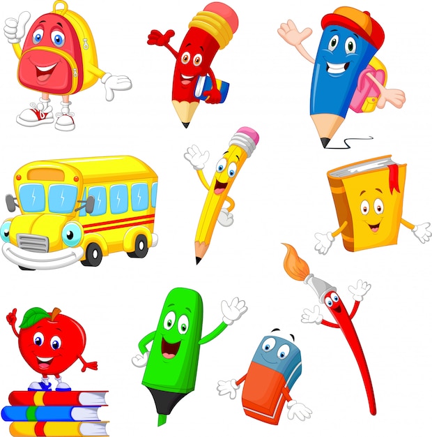 Vector cartoon school supplies collection set