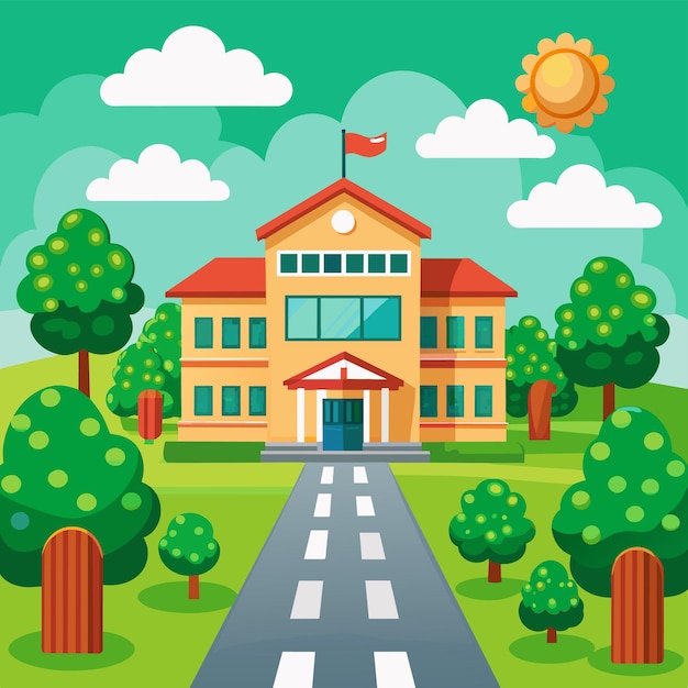 Vector a cartoon of a school with a sun on the top of it