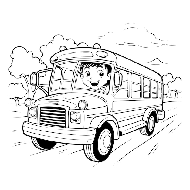 Vector cartoon schoolboy riding a school bus black and white vector illustration