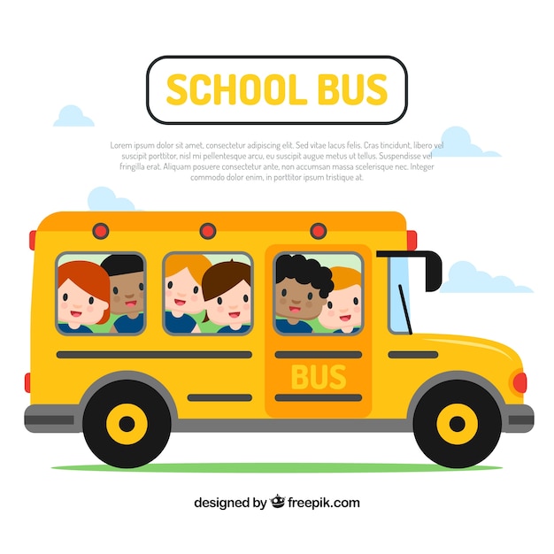 Cartoon schoolbus en kinderen met een plat ontwerp