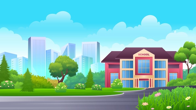 Cartoon schoolgebouw op het platteland met weelderige groene gazons, gras en bomen illustratie