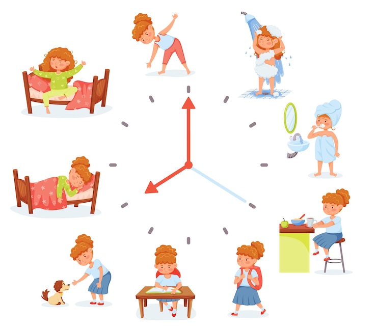 Vector cartoon schoolmeisje dagelijkse routine-activiteiten oefenen dagelijks schema voor de hygiëne van het schoolgaande kind