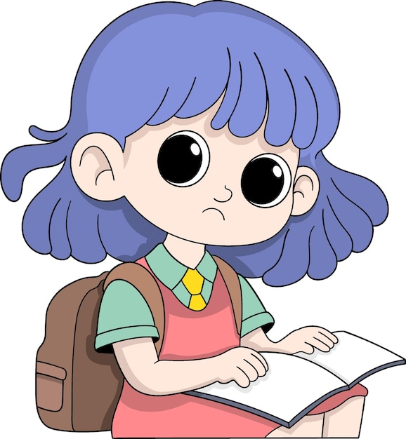 Cartoon schoolmeisje leest boek met serieuze uitdrukking